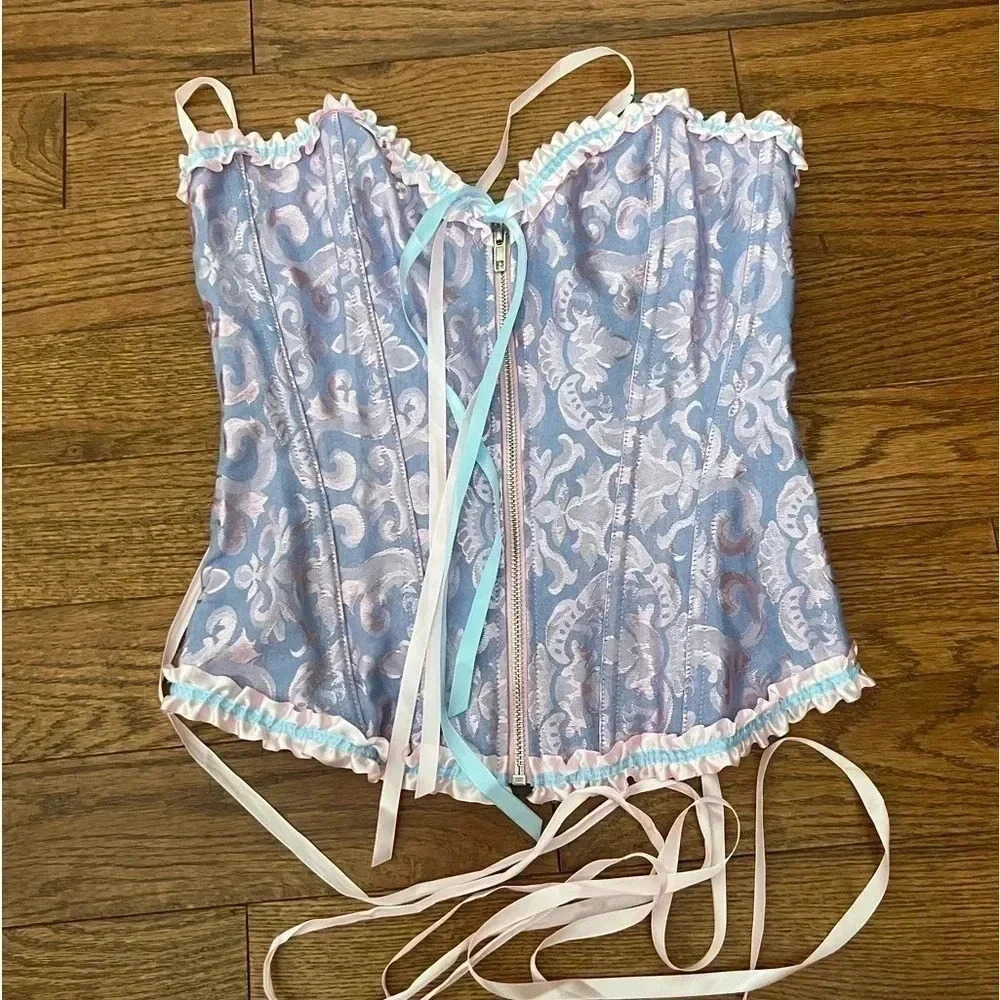 Vintage Blue and Pink Satin Brocade Corset